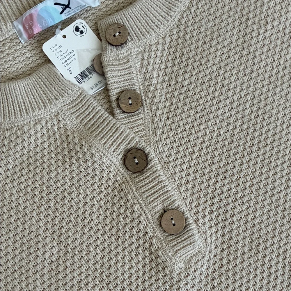 New Free People Beach Women's Cream Oversized Henley Textured Knit Sweater Small